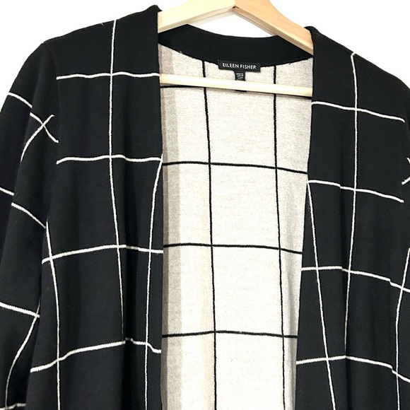 NEW Eileen Fisher Windowpane Check Wool Long Cardigan in Black L - Picture 6 of 9
